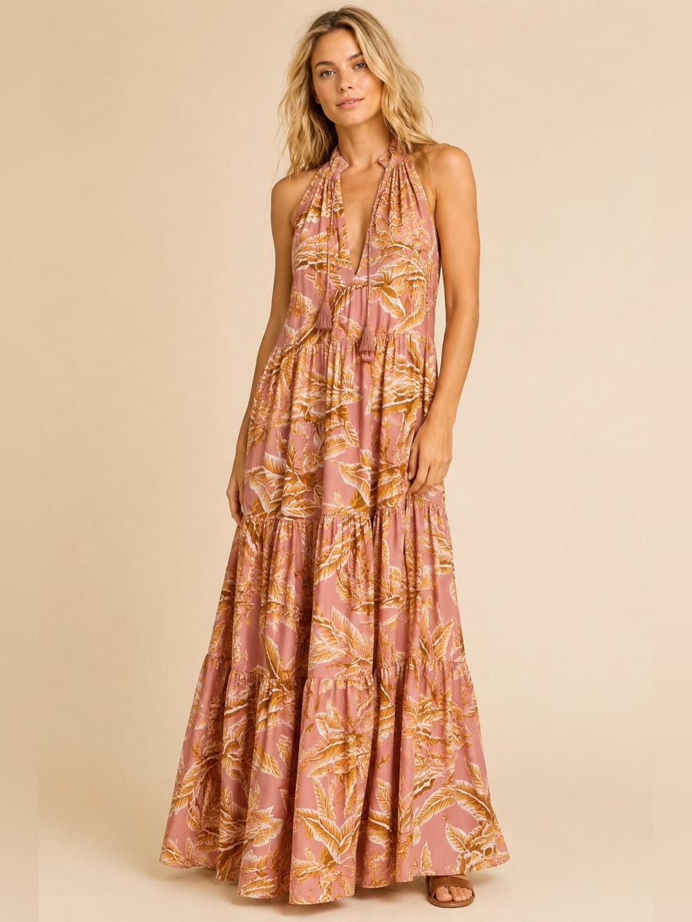 Halter Floral Maxi Dress in Dusty Rose